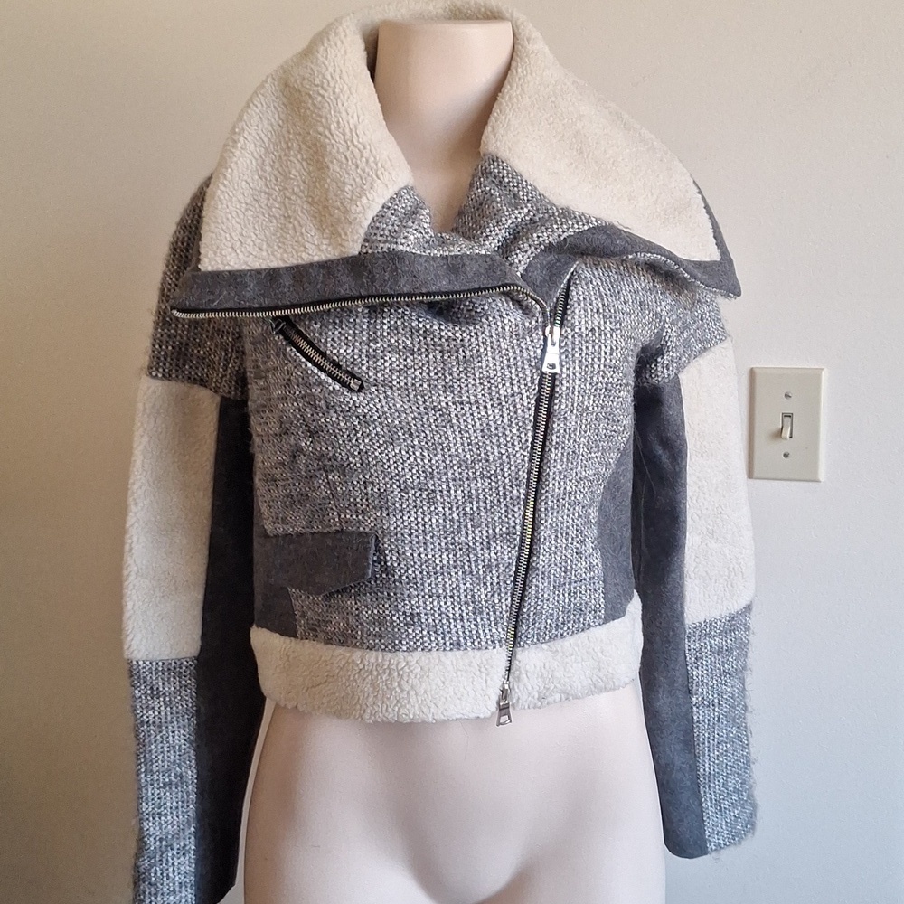 Cynthia Steffe Mixed Media Moto Jacket - Grey Knit & Shearling Size 4